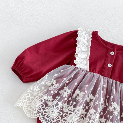MyKids-USA® Autumn Arrival Baby Girls Long Sleeves Lace Trim Color Patchwork Bodysuit