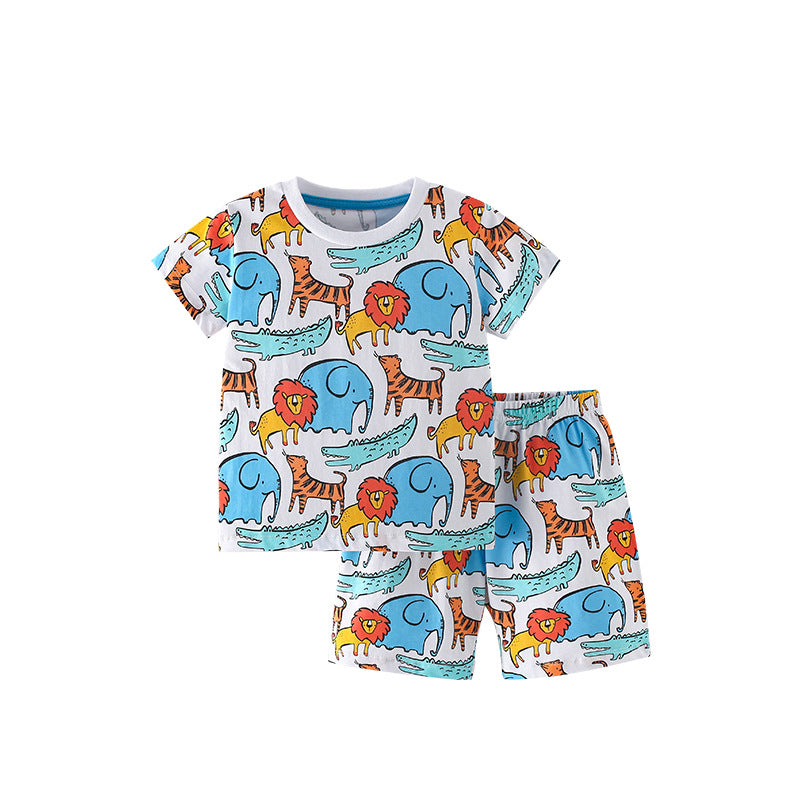 Summer Baby Kids Cartoon Lions and Elephants Pattern T-shirt and Shorts Clothing Set for Boys, MyKids-USA®, Baby & Toddler Outfits, MyKids-USA - Size/Age - 110 (3-5Y) - Color - Blue -  -  - TR2506232033-A