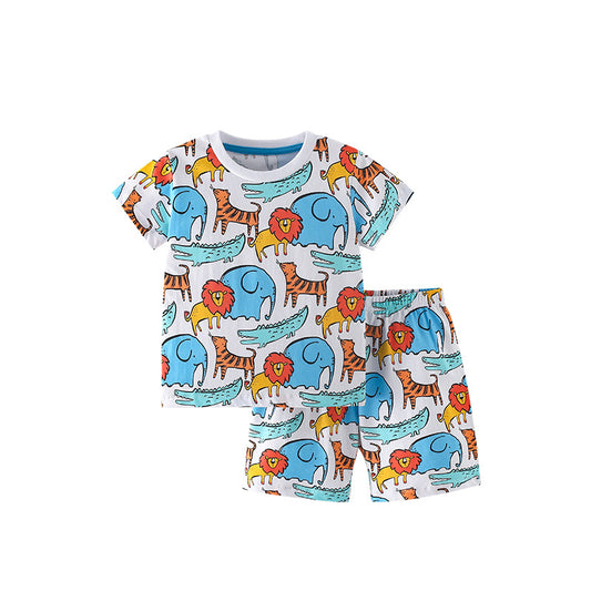 Summer Baby Kids Cartoon Lions and Elephants Pattern T-shirt and Shorts Clothing Set for Boys, MyKids-USA®, Baby & Toddler Outfits, MyKids-USA - Size/Age - 110 (3-5Y) - Color - Blue -  -  - TR2506232033-A