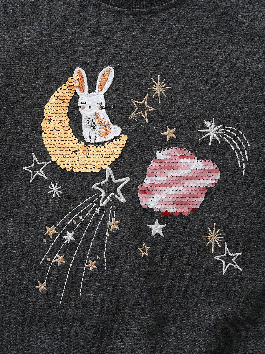 Autumn and Spring Arrival Sequins Cartoon Pattern Long Sleeves Pullover for Stylish Girls