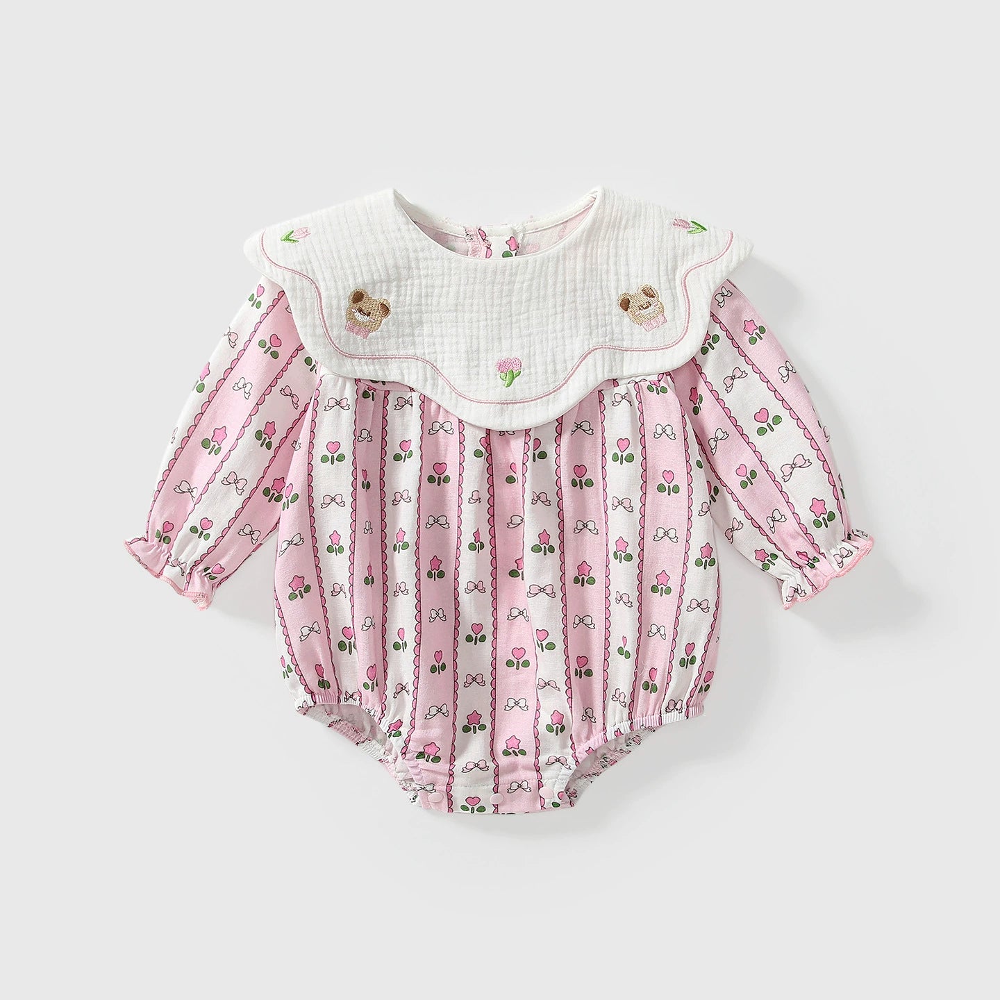 Arrival Autumn Baby Girls Flowers and Striped Pattern Long Sleeves Onesies with Collar, MyKids-USA®, Baby One-Pieces, MyKids-USA - Size/Age - 66 (3-6M) - Color - Pink -  -  - TR2508132157-A