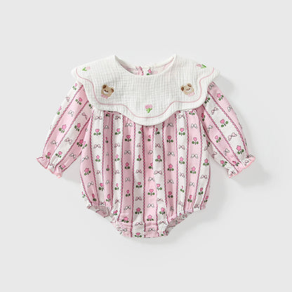Arrival Autumn Baby Girls Flowers and Striped Pattern Long Sleeves Onesies with Collar, MyKids-USA®, Baby One-Pieces, MyKids-USA - Size/Age - 66 (3-6M) - Color - Pink -  -  - TR2508132157-A