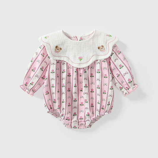 Arrival Autumn Baby Girls Flowers and Striped Pattern Long Sleeves Onesies with Collar, MyKids-USA®, Baby One-Pieces, MyKids-USA - Size/Age - 66 (3-6M) - Color - Pink -  -  - TR2508132157-A