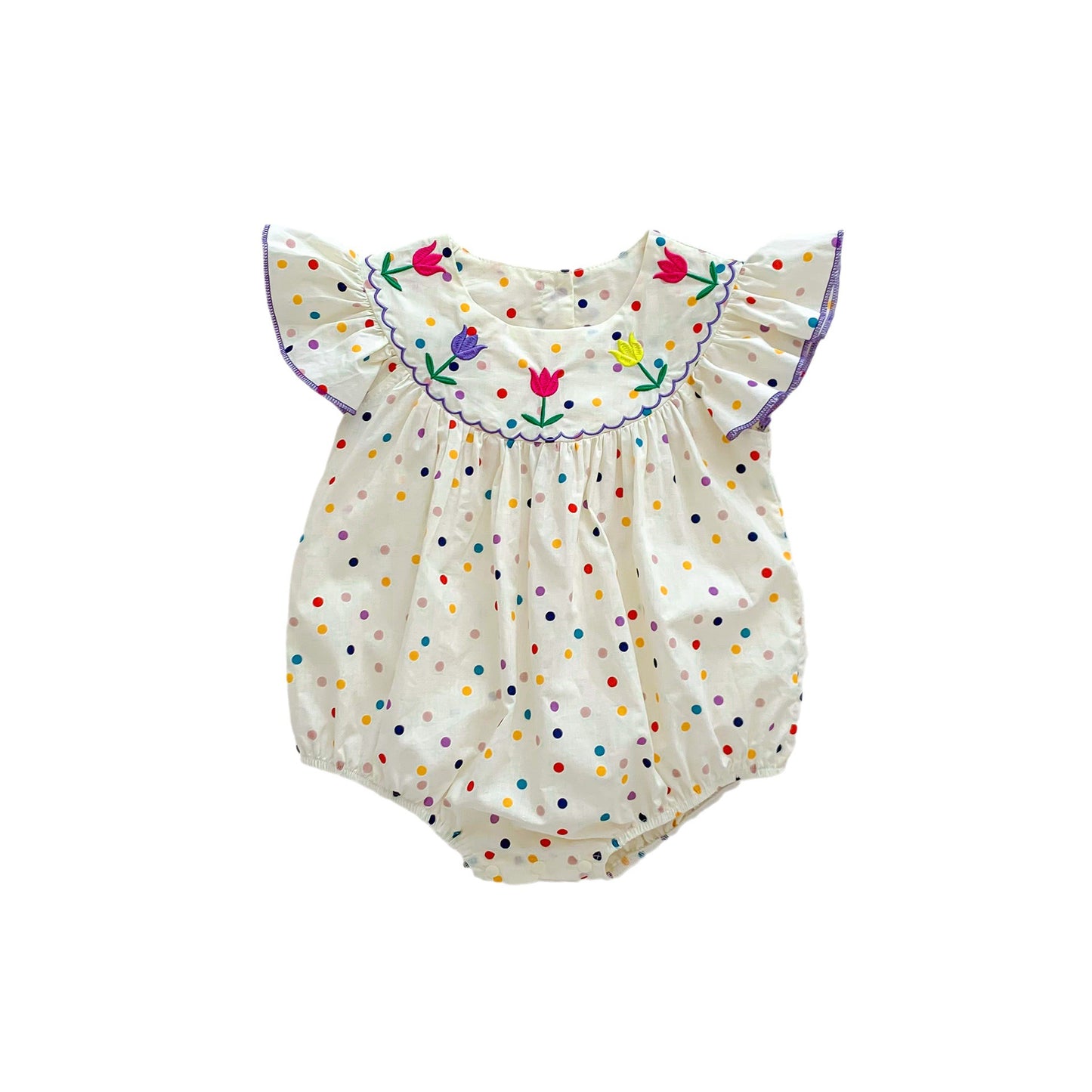 New Arrival Summer Baby Girls Colorful Dots Fly Sleeves Floral Embroidery Onesies