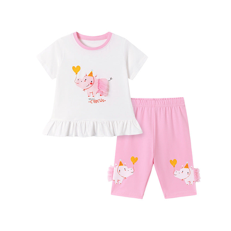 Summer Hot Selling Baby Kids Girls Short Sleeves Cartoon Pattern T-shirt and Pants Clothing Set