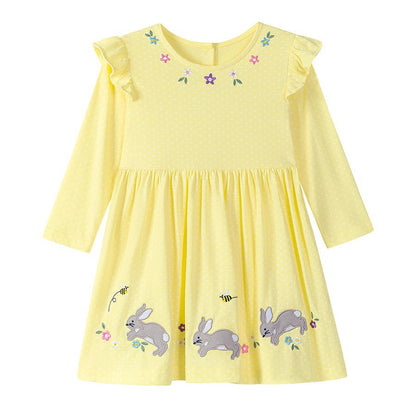 Autumn Arrival Cartoon Rabbits and Flowers Pattern Long Sleeves Crew Neck Dress for Stylish Girls, MyKids-USA®, Baby & Toddler Dresses, MyKids-USA -  -  -  -  -  -  - 