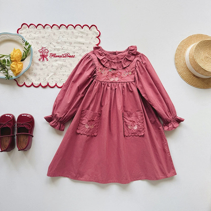 Autumn Arrival Baby Kids Girls Cherry Embroidery Pattern Long Sleeves Ruffle Collar Dress, MyKids-USA®, Baby & Toddler Dresses, MyKids-USA -  -  -  -  -  -  - 