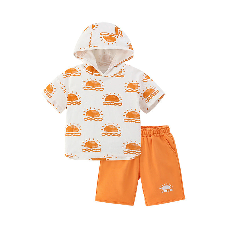Summer Baby Kids Sunrise Pattern Hooded T-shirt and Shorts Clothing Set for Boys, MyKids-USA®, Baby & Toddler Outfits, MyKids-USA - Size/Age - 100 (2-3Y) - Color - Orange -  -  - TR2505062041-A