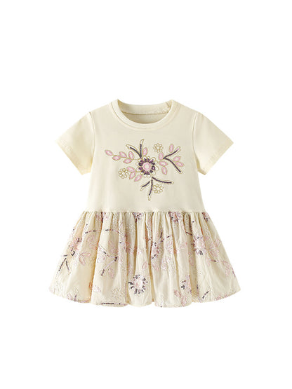 Summer Baby Kids Girls Short Sleeves Sequins Flowers Pattern Dress