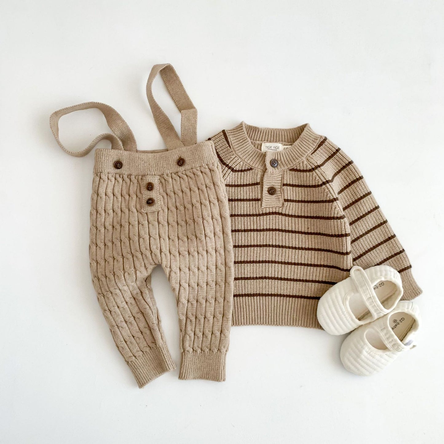 Spring and Autumn Baby Kids Unisex Striped Long Sleeves Top and Sleeveless Overalls Knitted Clothing Set, MyKids-USA®, Baby & Toddler Outfits, MyKids-USA - Size/Age - 66 (3-6M) - Color - Khaki -  -  - TR2510262335-B