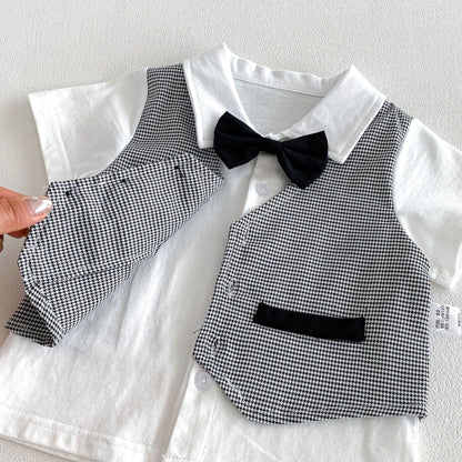 Arrival Summer Baby Kids Boys Short Sleeves Plain Shirt, Plaid Vest and Shorts Clothing Set