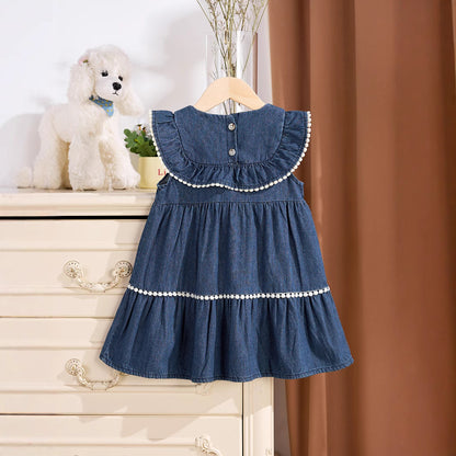 MyKids-USA® Baby Kids Girls Denim Sleeveless Flowers Pattern Embroider