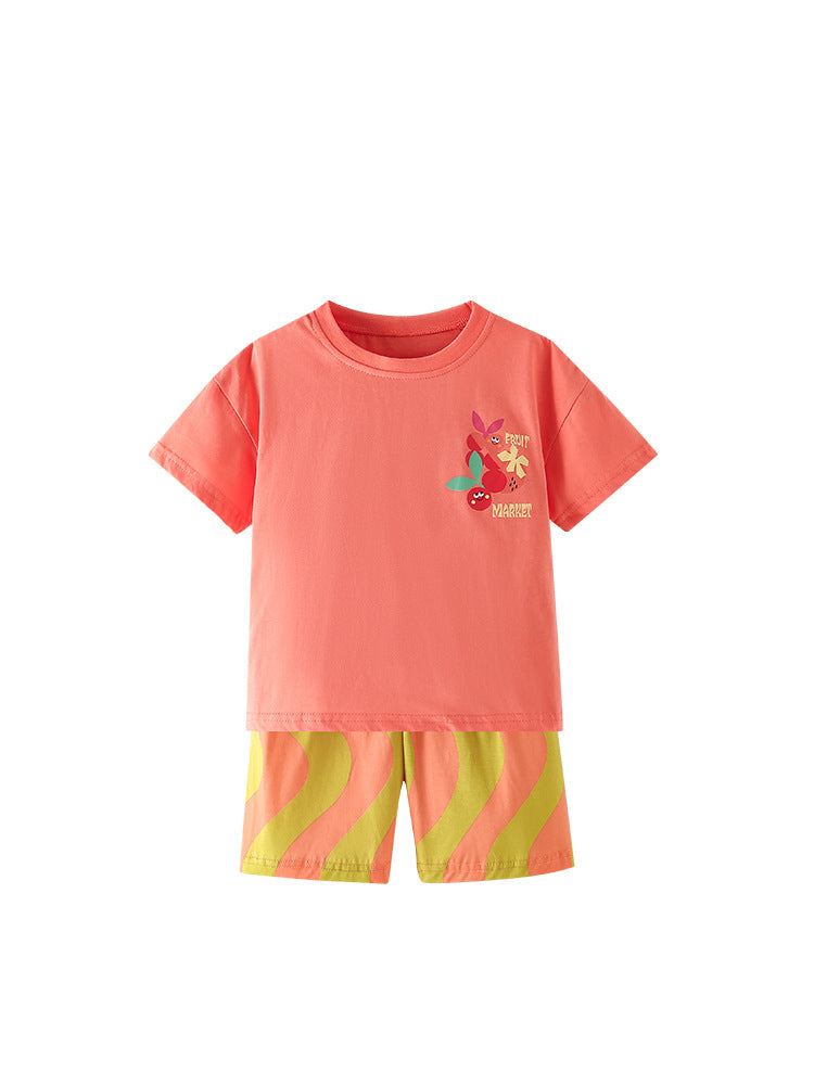 Arrival Summer Baby Kids Girls Short Sleeves Cartoon Pattern T-shirt and Striped Shorts Clothing Set