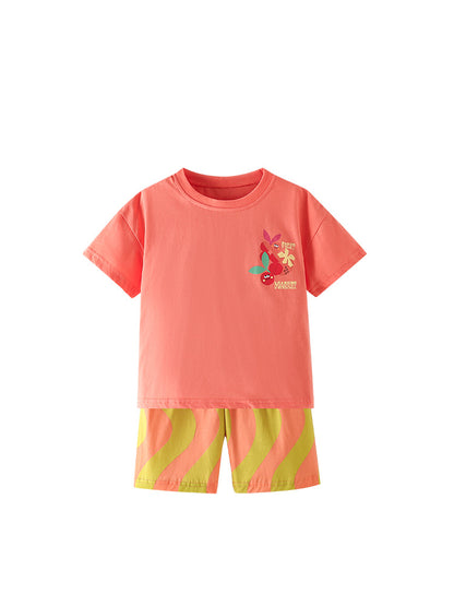 Arrival Summer Baby Kids Girls Short Sleeves Cartoon Pattern T-shirt and Striped Shorts Clothing Set