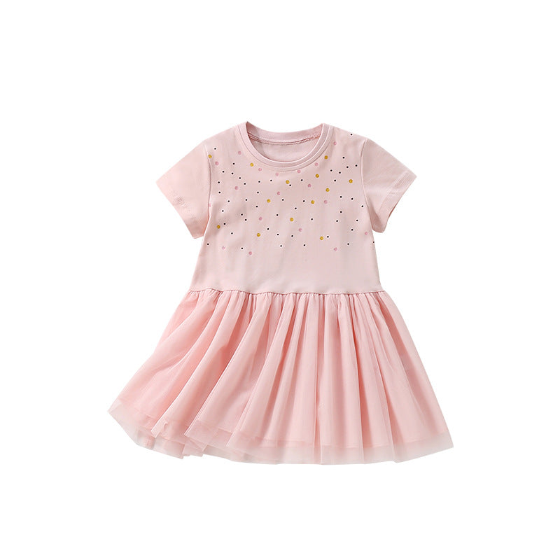 Summer Arrival Colorful Dots Pattern Short Sleeves Tulle Design Cute Dress for Stylish Girls, MyKids-USA®, Baby & Toddler Dresses, MyKids-USA - Size/Age - 100 (2-3Y) - Color - Pink -  -  - TR2506101649-A