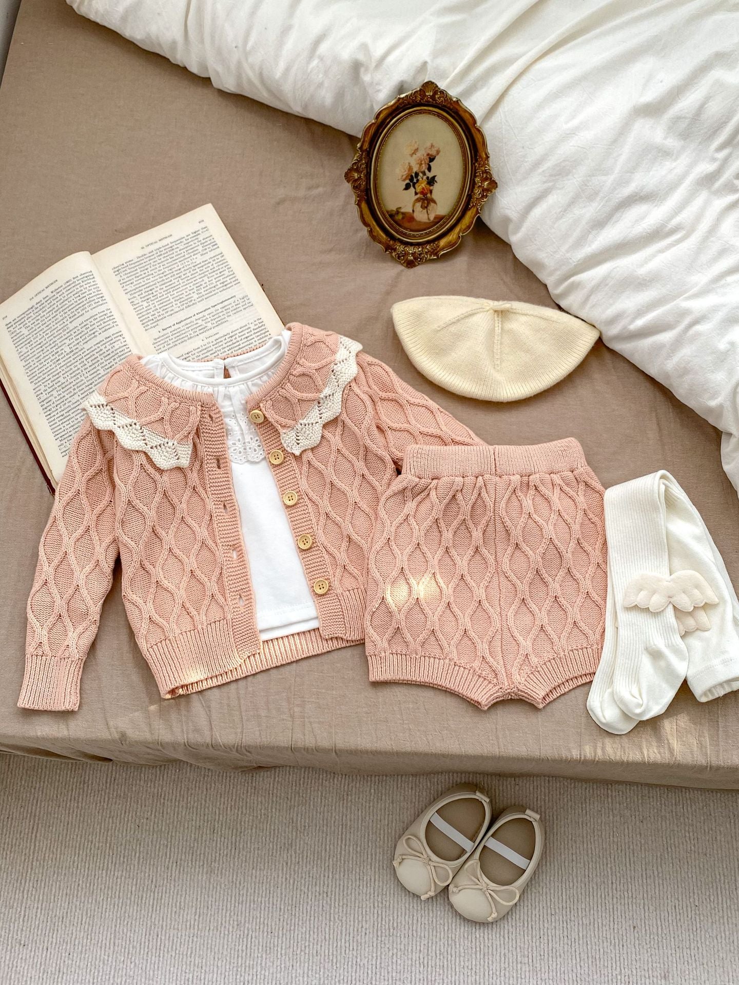 Spring Baby And Kids Girls Argyle Knitting Pattern Cardigan Sweater And Shorts Casual Home Clothing Set