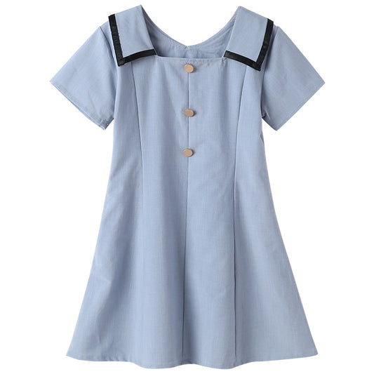 New Design Summer Kids Girls French Style Simple Square Neck Turndown Collar Dress