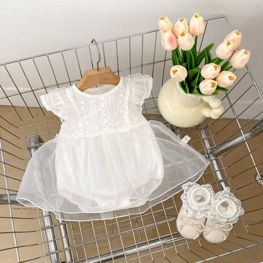 Summer Arrival Baby Girls Flower-Embroidered Fly Sleeves Crew Neck White bodysuit Dress, MyKids-USA®, Baby & Toddler Dresses, MyKids-USA - Size/Age - 66 (3-6M) - Color - White -  -  - TR2405282311-A.