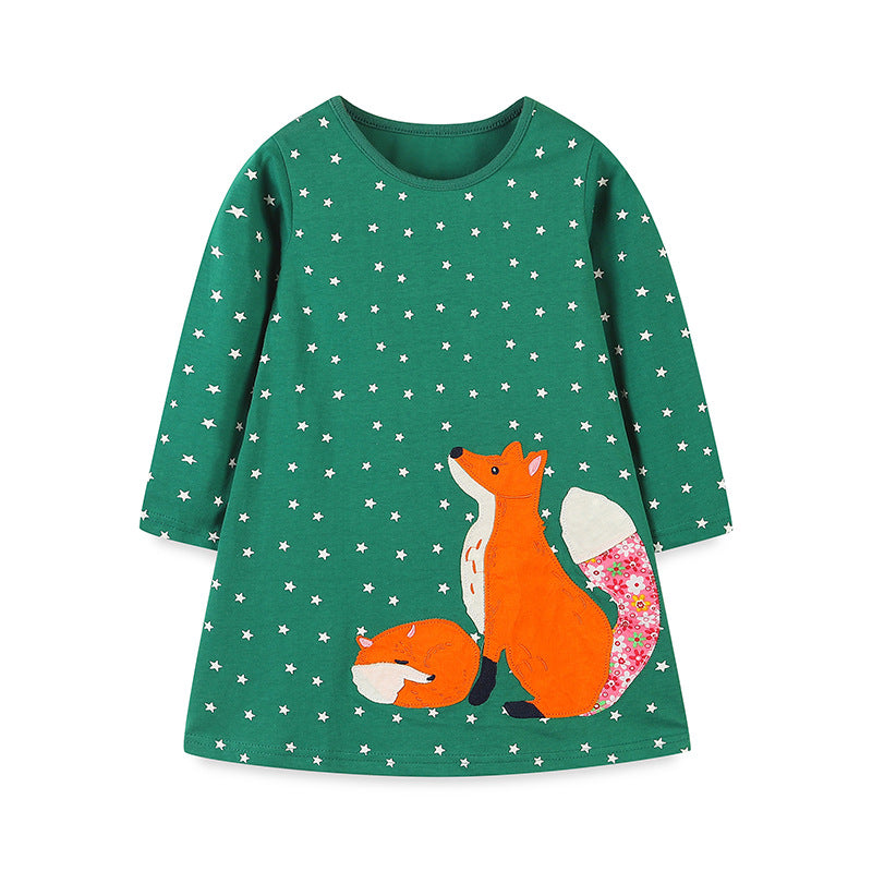 Girls’ European-American Style Star Cartoon Fox Pattern Dress