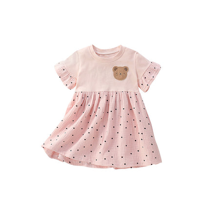 Summer Arrival Teddy Bear and Dots Pattern Short Sleeves Dress for Stylish Girls, MyKids-USA®, Baby & Toddler Dresses, MyKids-USA - Size/Age - 100 (2-3Y) - Color - Pink -  -  - TR2505152358-A