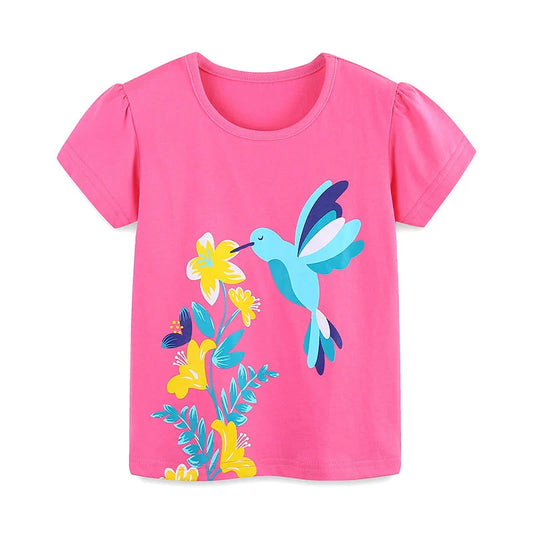 Summer Girls’ Flowers and Bird Cartoon Pattern T-shirt in European and American Style, MyKids-USA®, Baby & Toddler Tops, MyKids-USA - Size/Age - 90 (12-24M) - Color - Pink -  -  - TR2506161637-A
