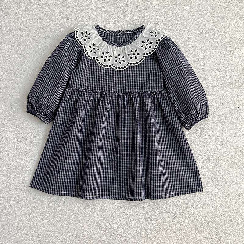 Lace Collar Grid Pattern Long Sleeve Bodysuit OR Dress For Toddler, MyKids-USA®, Baby & Toddler Outfits, MyKids-USA - Size/Age - 66 (3-6M) - Color - Navy Blue (Dark Blue) -  -  - TR2311301306-A
