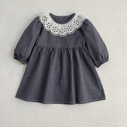 Lace Collar Grid Pattern Long Sleeve Bodysuit OR Dress For Toddler, MyKids-USA®, Baby & Toddler Outfits, MyKids-USA - Size/Age - 66 (3-6M) - Color - Navy Blue (Dark Blue) -  -  - TR2311301306-A
