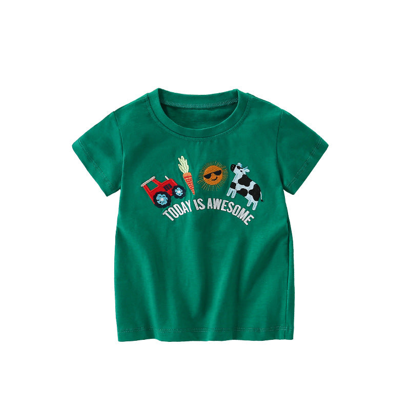Summer Arrival Boys’ Farm Cartoon Pattern T-shirt in European and American Style, MyKids-USA®, Baby & Toddler Tops, MyKids-USA - Size/Age - 120 (5-7Y) - Color - Green -  -  - TR2506131722-A