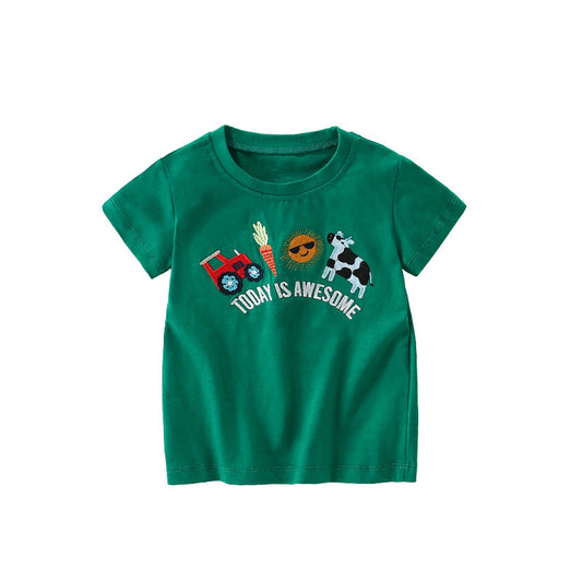 Summer Arrival Boys’ Farm Cartoon Pattern T-shirt in European and American Style, MyKids-USA®, Baby & Toddler Tops, MyKids-USA - Size/Age - 120 (5-7Y) - Color - Green -  -  - TR2506131722-A