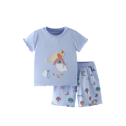 Summer Baby Kids Mermaid and Marine Animals Pattern T-shirt and Shorts Clothing Set for Girls, MyKids-USA®, Baby & Toddler Outfits, MyKids-USA - Size/Age - 120 (5-7Y) - Color - Blue -  -  - TR2506242238-A
