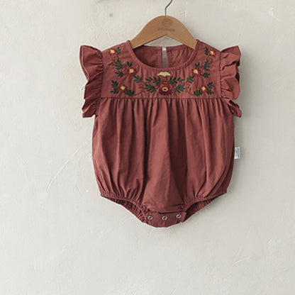 Summer Arrival Baby Girls Fly Sleeves Flowers Pattern Embroidered Bodysuit
