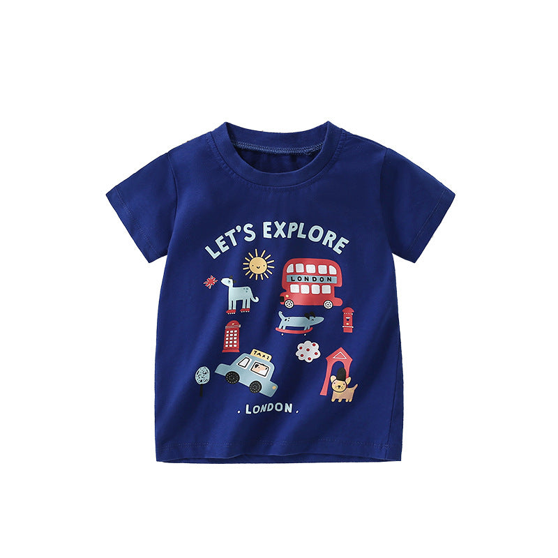 Summer Boys’ English Elements Cartoon Pattern T-shirt in European and American Style, MyKids-USA®, T-Shirts, MyKids-USA - Size/Age - 120 (5-7Y) - Color - Blue -  -  - TR2506272332-A