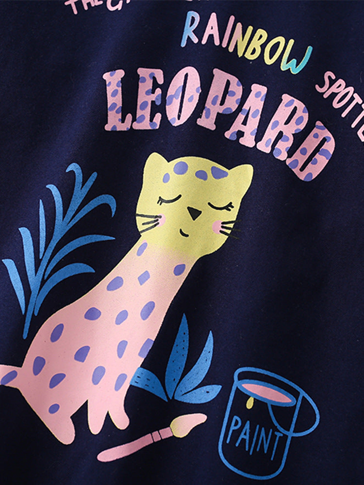 Girls Leopard Cartoon Animals Printing Design Top And Pants Set