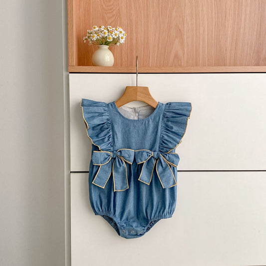 Summer Girls Simple Denim Crew Neck Onesies and Dress – Princess Sister Matching Set, MyKids-USA®, Baby & Toddler Outfits, MyKids-USA - Size/Age - 66 (3-6M) - Color - Blue -  -  - TR2603302319-A.