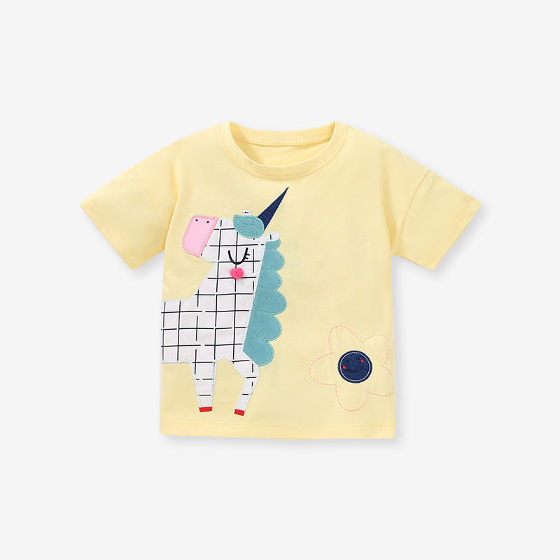 Baby Girl Unicorn Cartoon Graphic Short Sleeve O-Neck Cotton Summer T-Shirt