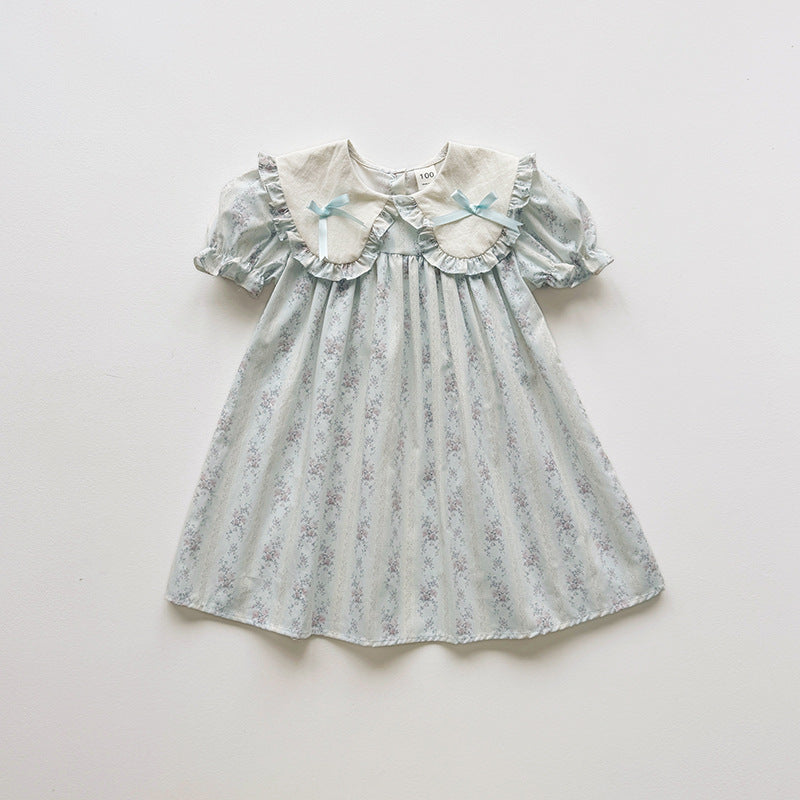 Summer Arrival Baby Girls Short Sleeves Floral Pattern Dress, MyKids-USA®, Baby & Children's Dresses, MyKids-USA - Size/Age - 90 (12-24M) - Color - Blue -  -  - TR2604202318-A.