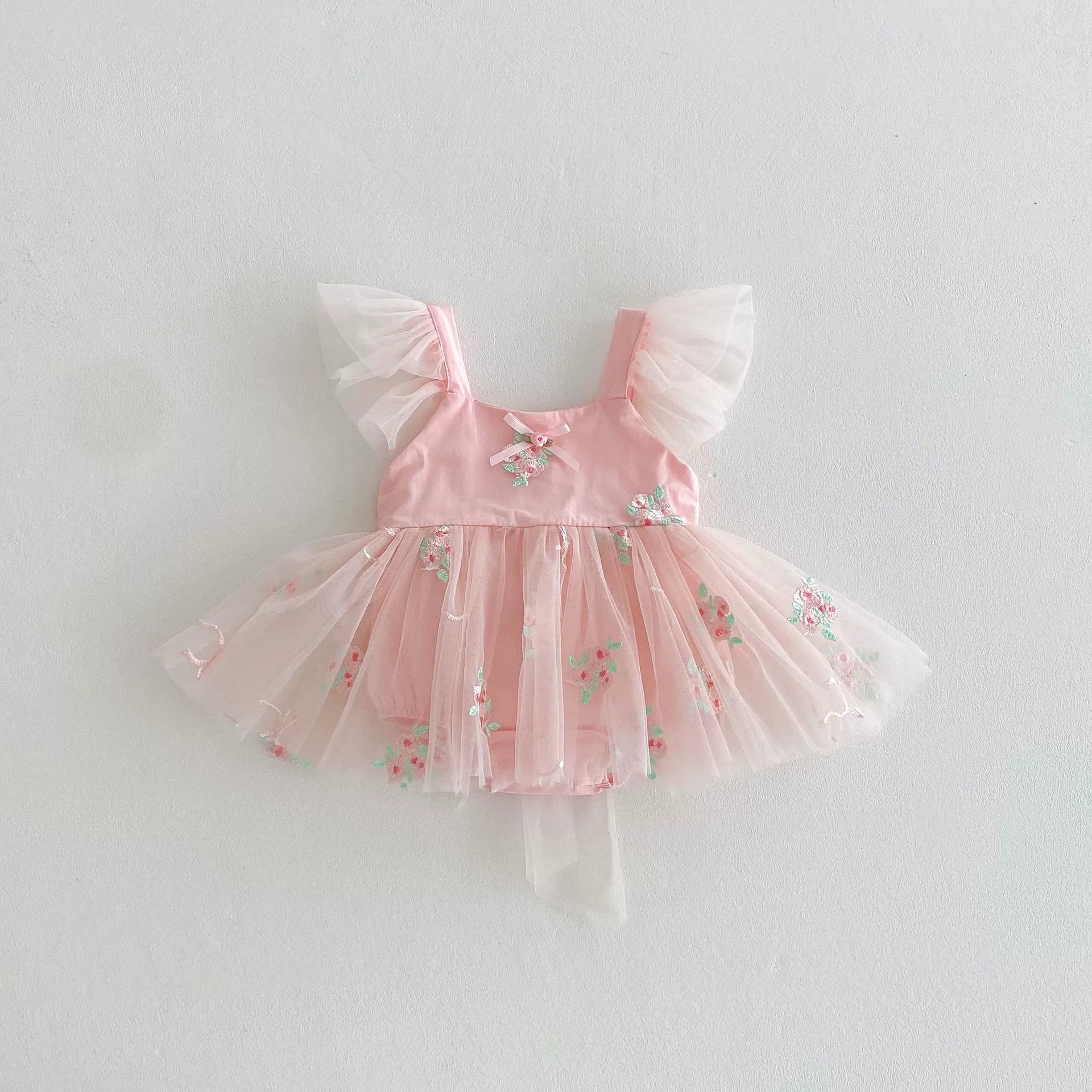 Summer Arrival Baby Girls Flowers Embroidered Tulle Design Fly Sleeves Strap Onesies, MyKids-USA®, Baby One-Pieces, MyKids-USA - Size/Age - 66 (3-6M) - Color - Pink -  -  - TR2506121932-A