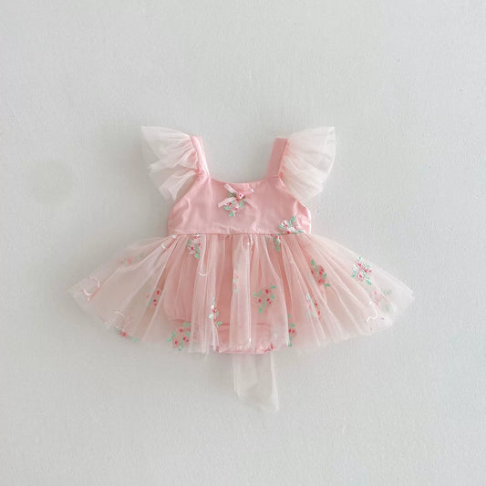 Summer Arrival Baby Girls Flowers Embroidered Tulle Design Fly Sleeves Strap Onesies, MyKids-USA®, Baby One-Pieces, MyKids-USA - Size/Age - 66 (3-6M) - Color - Pink -  -  - TR2506121932-A