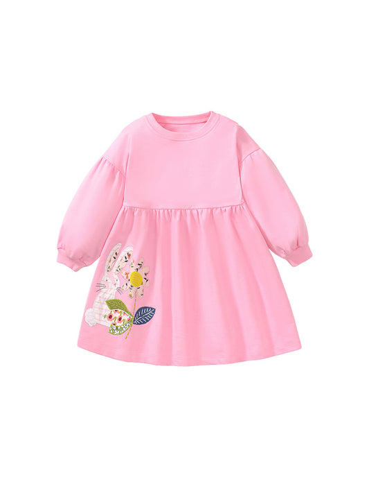 New Arrival Autumn Girls Long Sleeves Flowers And Rabbit Pattern Crew Neck Dress