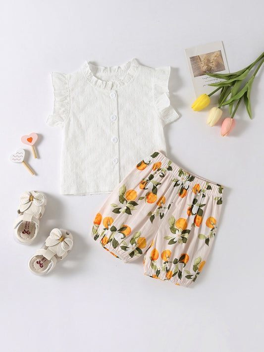 Summer Baby Kids Girls Solid Color Striped Pattern Fly Sleeves Top Shirt And Fruits Pattern Shorts Casual Clothing Set