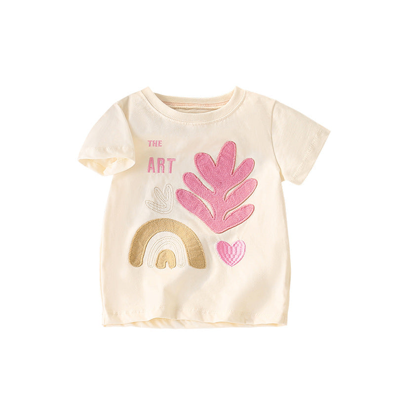 Summer Girls’ Plant and Letters Pattern Decorated T-shirt in European and American Style, MyKids-USA®, Baby & Toddler Tops, MyKids-USA - Size/Age - 100 (2-3Y) - Color - Apricot -  -  - TR2505241648-A