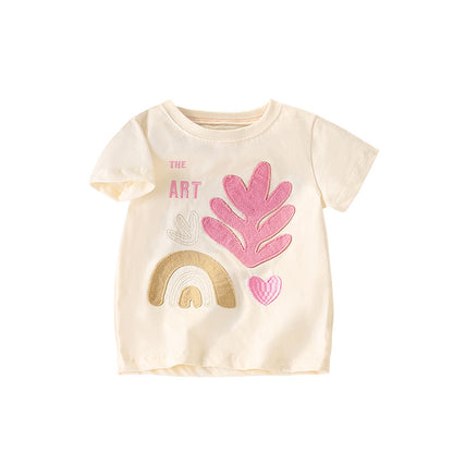 Summer Girls’ Plant and Letters Pattern Decorated T-shirt in European and American Style, MyKids-USA®, Baby & Toddler Tops, MyKids-USA - Size/Age - 100 (2-3Y) - Color - Apricot -  -  - TR2505241648-A