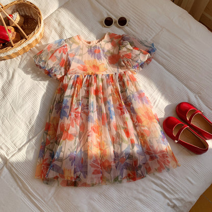 Summer Baby Kids Girls Short Sleeves Flowers Pattern Tulle Dress, MyKids-USA®, Baby & Children's Dresses, MyKids-USA -  -  -  -  -  -  - .