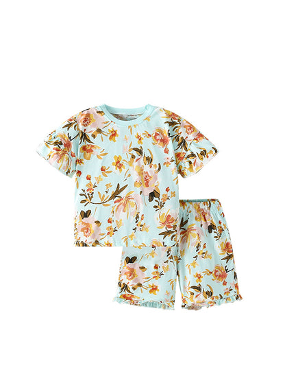 Summer Baby Kids Girls Floral Print Short Sleeves T-Shirt And Shorts Casual Clothing Set