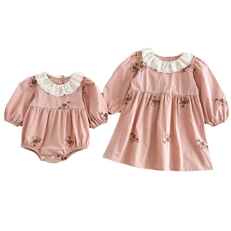Spring Baby Girls Floral Embroidery Pattern Long-sleeved Onesies and Dress – Princess Sister Matching Set, MyKids-USA®, Baby & Toddler Outfits, MyKids-USA -  -  -  -  -  -  - 