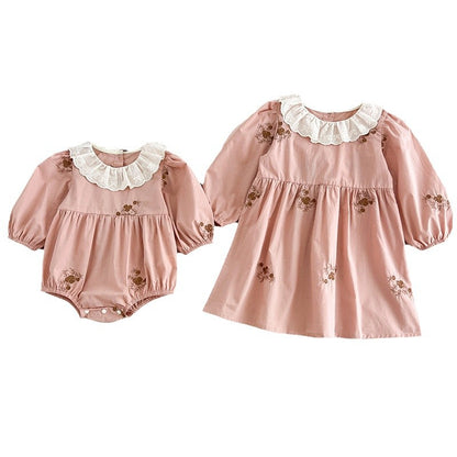 Spring Baby Girls Floral Embroidery Pattern Long-sleeved Onesies and Dress – Princess Sister Matching Set, MyKids-USA®, Baby & Toddler Outfits, MyKids-USA -  -  -  -  -  -  - 