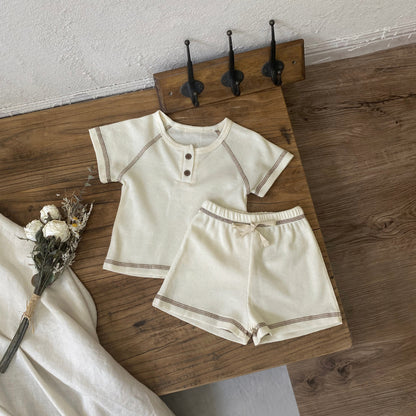 Arrival Summer Baby Kids Short Sleeves Waffle Grid T-shirt and Shorts Clothing Set