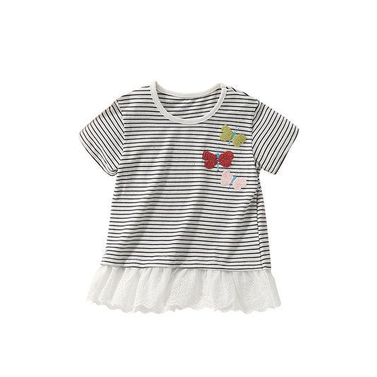 Summer Girls’ Butterfly Pattern Striped T-shirt in European and American Style, MyKids-USA®, Baby & Toddler Tops, MyKids-USA - Size/Age - 100 (2-3Y) - Color - Black -  -  - TR2506082215-A