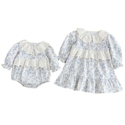 Spring Baby Girls French-style Floral Long-sleeved Onesies and Dress – Princess Sister Matching Set, MyKids-USA®, Baby & Toddler Outfits, MyKids-USA -  -  -  -  -  -  - 