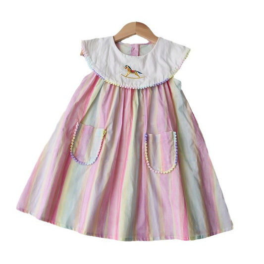 New Design Summer Kids Girls Colorful Striped Sleeveless Hobbyhorse Embroidered Collar Dress